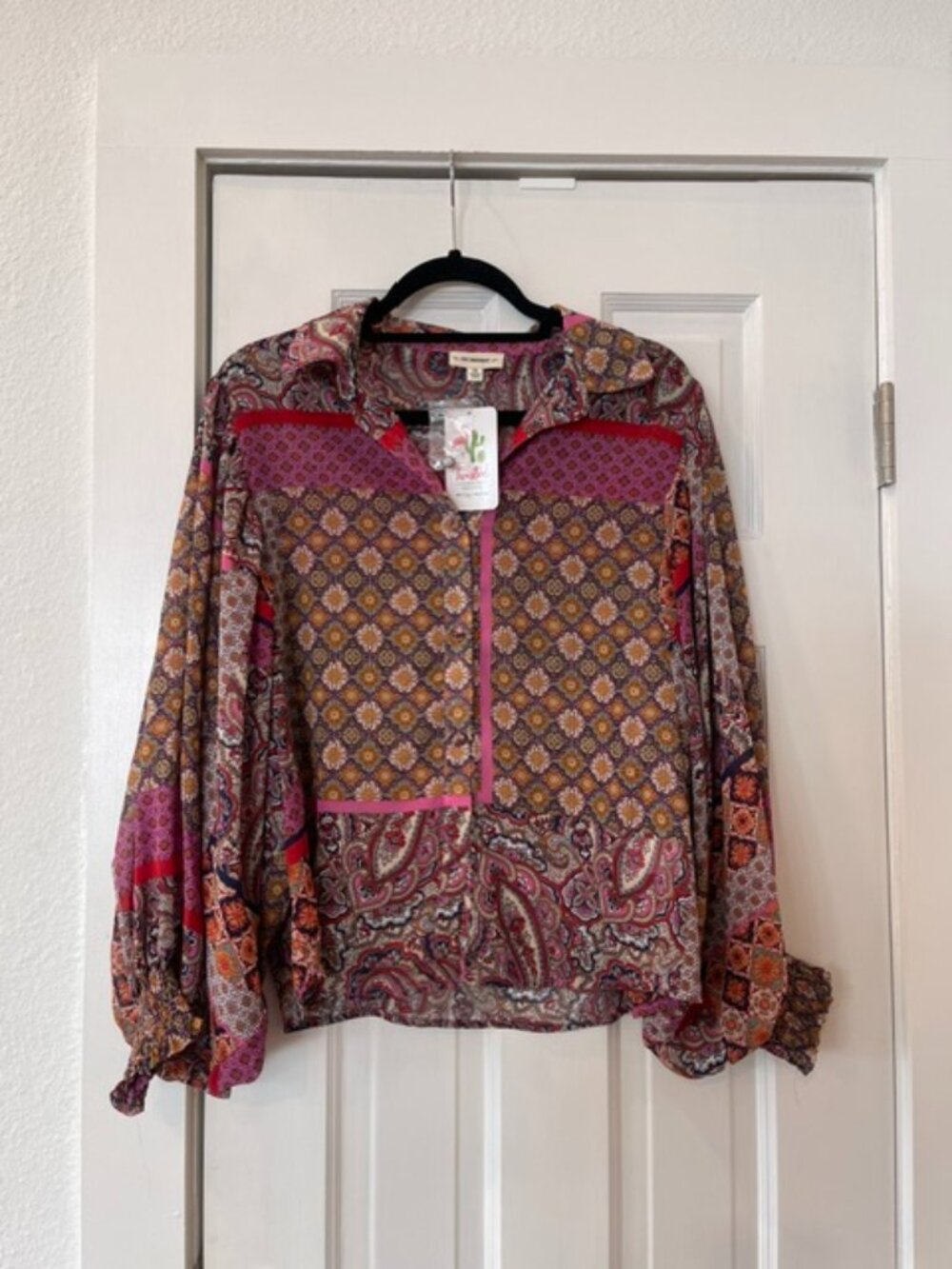 ee:some Pink Paisley Geometric Patchwork Smocked Cuff Boho Blouse Small NWT